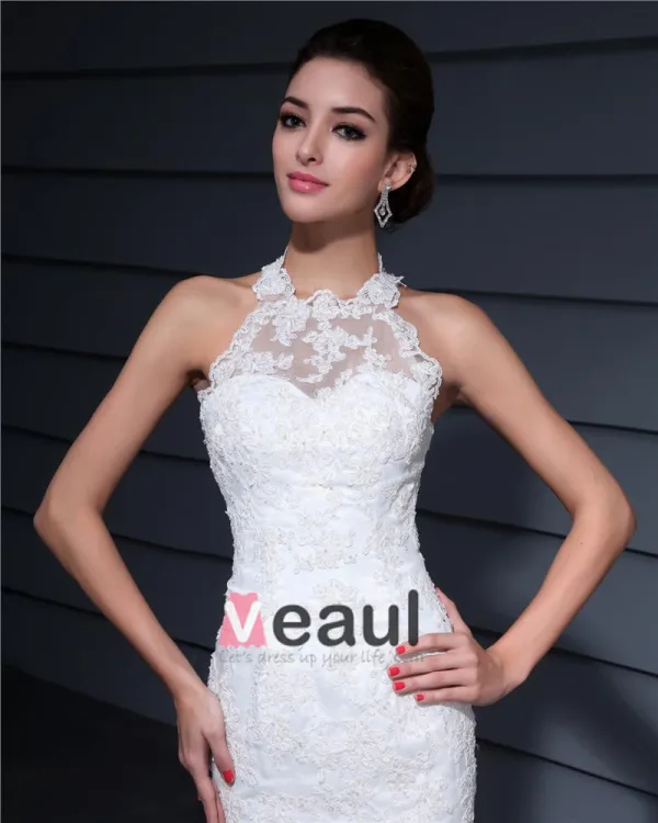 Halter Embroidery Ruffle Floor Length Satin Woman Mermaid Wedding Dress