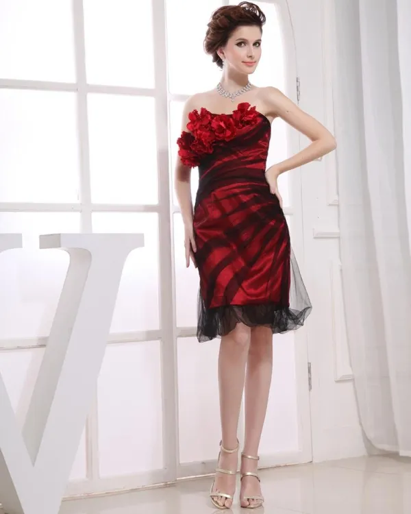 Flowers Strapless Neckline Thigh Length Pleat Charmeuse A-Line Woman Cocktail Party Dress