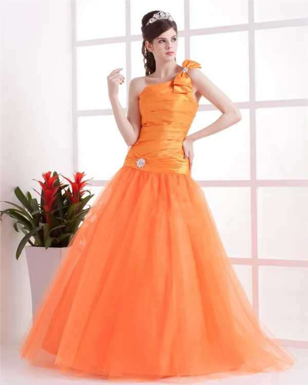 Ball Gown Satin Yarn Ruffle One Shoulder Floor Length Quinceanera Prom Dress