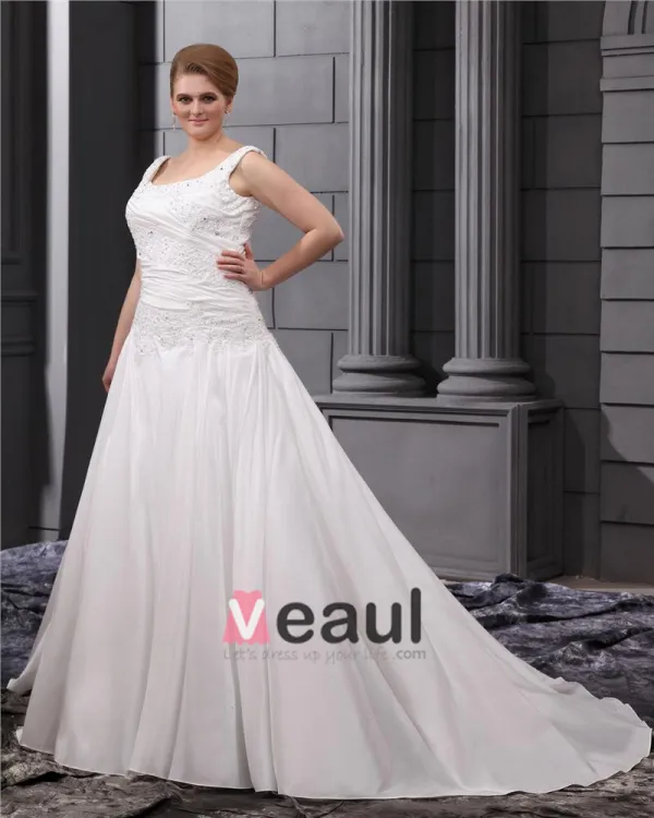 Satin Applique Round Neck Court Plus Size Bridal Gown Wedding Dress