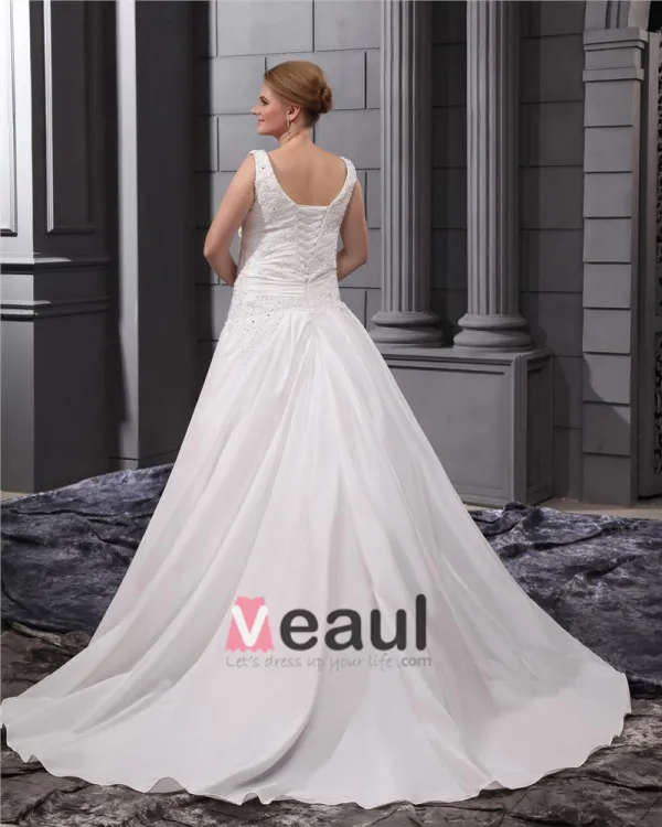 Satin Applique Round Neck Court Plus Size Bridal Gown Wedding Dress