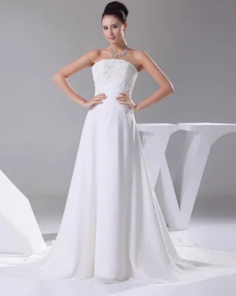 Elegant Chiffon Satin Lacework Beading Strapless Floor Length Women Wedding Dress