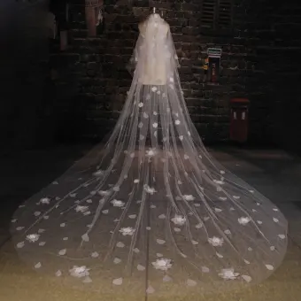 Tailing Super Long White Lace Flowers Veil Soft Yarn Material