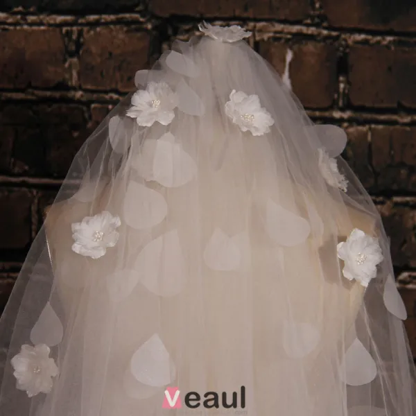 Trois Dimensions Super Long Fleurs A La Main Voile De Dentelle Materiau De Fil Blanc Doux