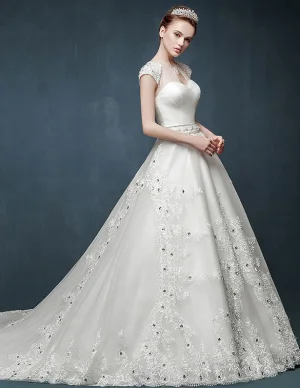 2015 Luxury Fishtail Slim Thin Double Shoulder V Neck Long Tail Wedding Dress