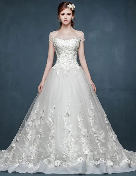 2015 Word Shoulder Lace Long Trailing Romantic Wedding Dress The Bride Gorn
