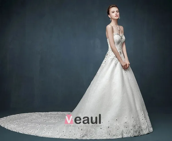 2015 Bra-type Summer Beading Luxury Long Trailing Wedding Dress