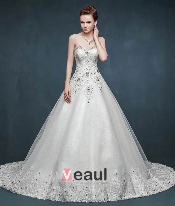2015 Bra-type Summer Beading Luxury Long Trailing Wedding Dress