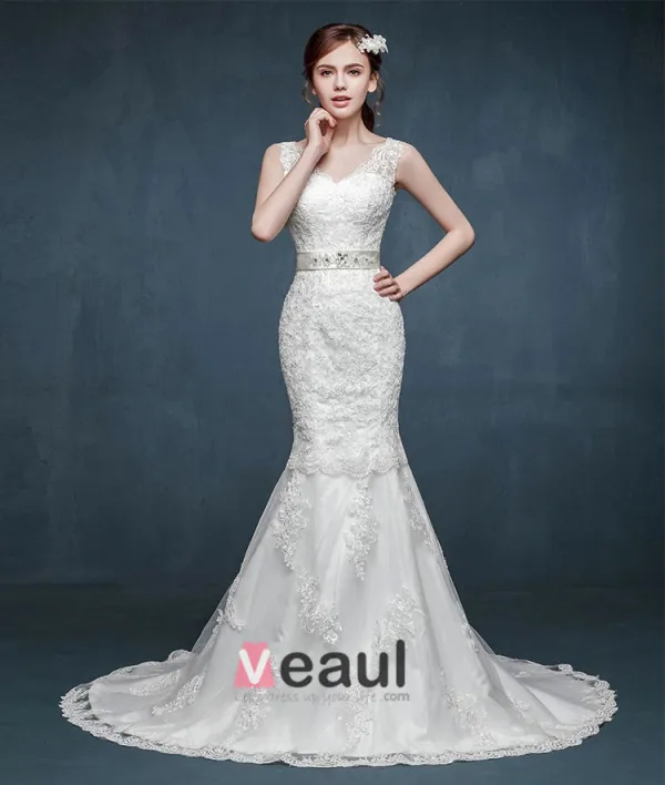 2015 The Bride Double Shoulder V-neck Straps Fishtail Wedding Dress Was Thin Slim Models