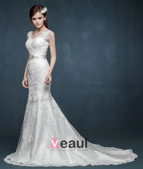 2015 The Bride Double Shoulder V-neck Straps Fishtail Wedding Dress Was Thin Slim Models