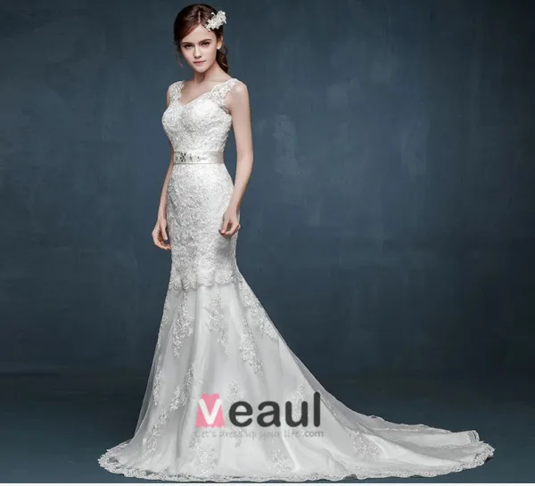 2015 The Bride Double Shoulder V-neck Straps Fishtail Wedding Dress Was Thin Slim Models
