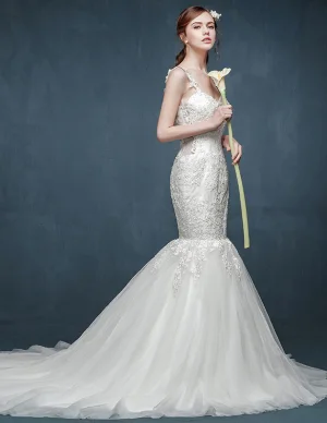 Mode Epaule Double Dentelle Queue De Poisson Collier Gilet Licol Sexy Fuite Robe De Mariée