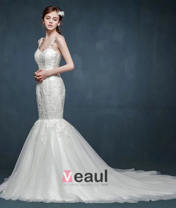 2015 Fashion Double Shoulder Fishtail Lace Collar Vest Sexy Halter Trailing Wedding Dress