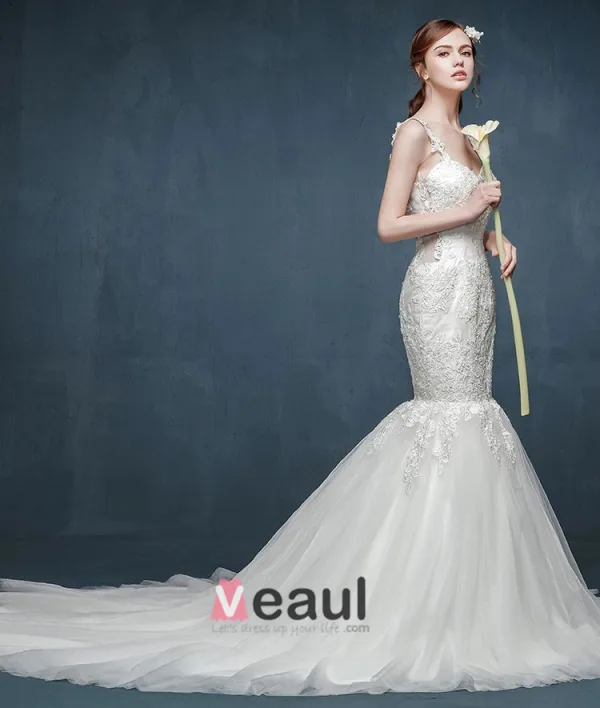 2015 Fashion Double Shoulder Fishtail Lace Collar Vest Sexy Halter Trailing Wedding Dress