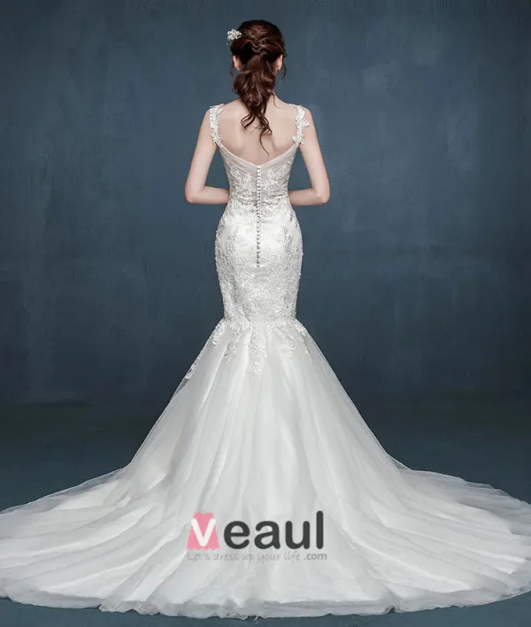 2015 Fashion Double Shoulder Fishtail Lace Collar Vest Sexy Halter Trailing Wedding Dress