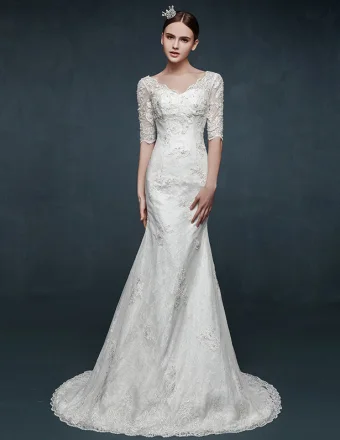 2015 V Neck Long Sleeved Slim Thin Lace Fishtail Wedding Dress