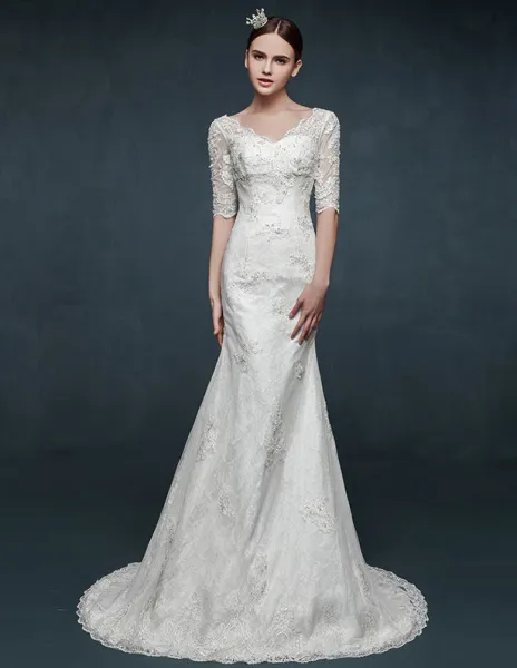 2015 V-neck Long-sleeved Slim Thin Lace Fishtail Wedding Dress