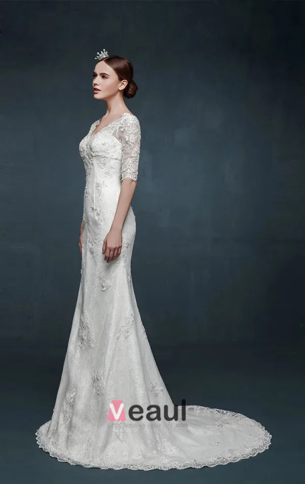 V-neck Z Dlugim Rekawem Slim Cienka Koronkowa Suknia Ślubna Fishtail