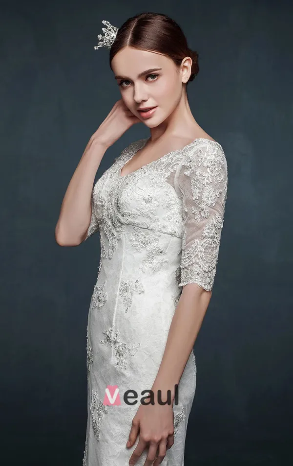 V-neck Z Dlugim Rekawem Slim Cienka Koronkowa Suknia Ślubna Fishtail