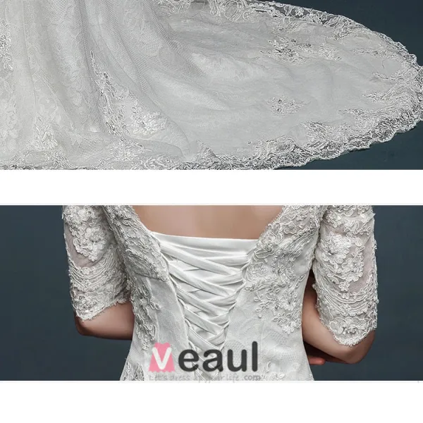 V-neck Z Dlugim Rekawem Slim Cienka Koronkowa Suknia Ślubna Fishtail