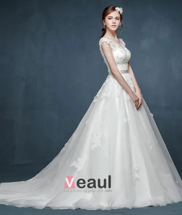 2015 Transparent Lace Handmade Petal Luxury Small Trailing Wedding Dress