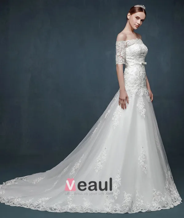 2015 Romantic Trailing Word Shoulder Slim Thin Bridal Dress