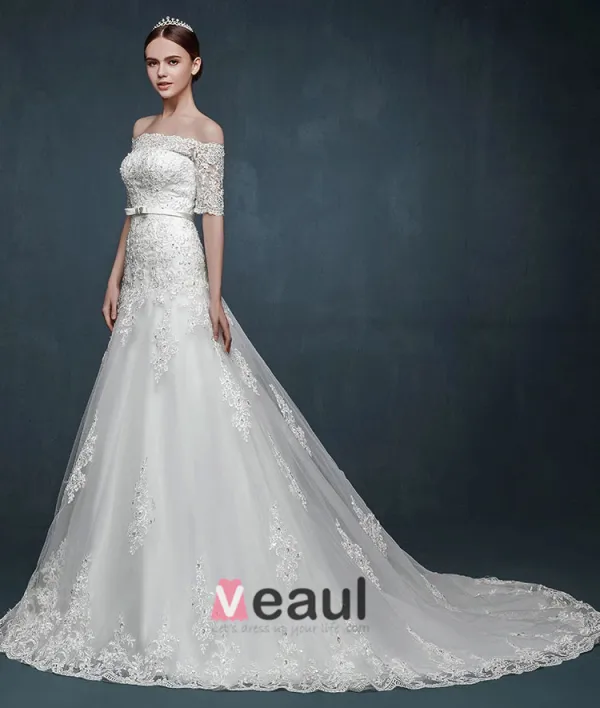 2015 Romantic Trailing Word Shoulder Slim Thin Bridal Dress