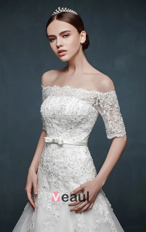 2015 Romantic Trailing Word Shoulder Slim Thin Bridal Dress