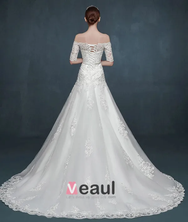 2015 Romantic Trailing Word Shoulder Slim Thin Bridal Dress