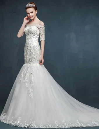 2015 Half Sleeve Word Shoulder Fishtail Lace Trailing Wedding Dress
