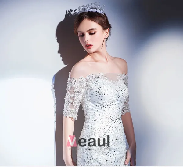 2015 Half Sleeve Word Shoulder Fishtail Lace Trailing Wedding Dress