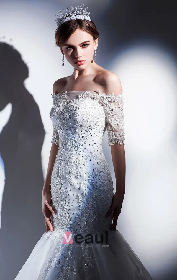 2015 Half Sleeve Word Shoulder Fishtail Lace Trailing Wedding Dress
