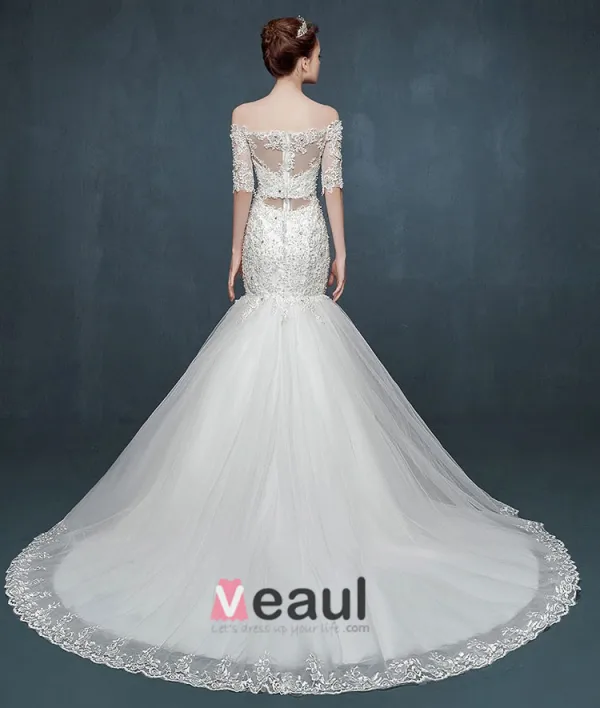 2015 Half Sleeve Word Shoulder Fishtail Lace Trailing Wedding Dress