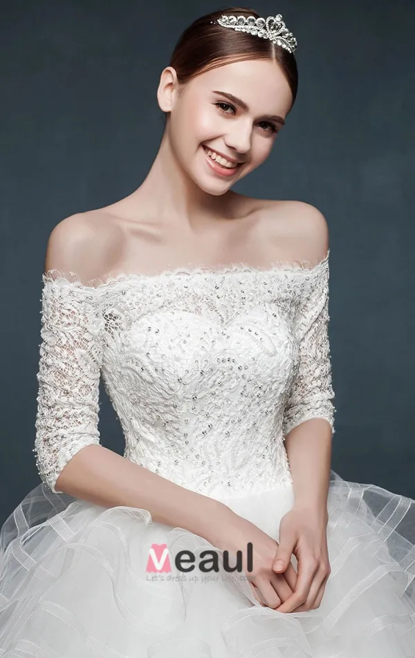 2015 Winter Thick Long-sleeved Lace Boat Neck Wedding Dress