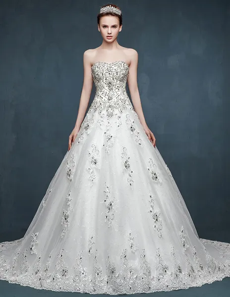 2015 Bridal Trailing Inlaid Diamonds Romantic Wedding Dress