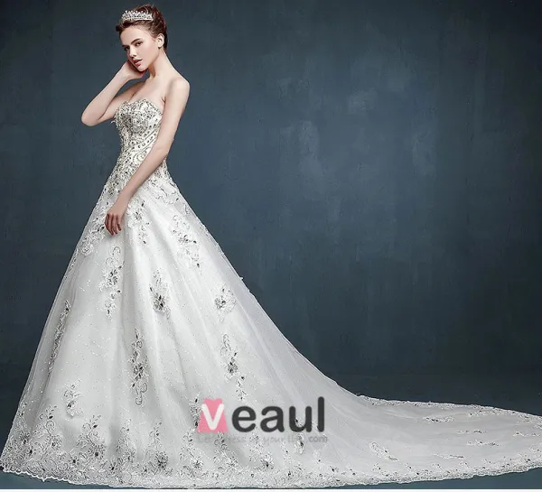 Inkrustowane Koncowe Diamenty Bridal Suknia Ślubna Romantyczny