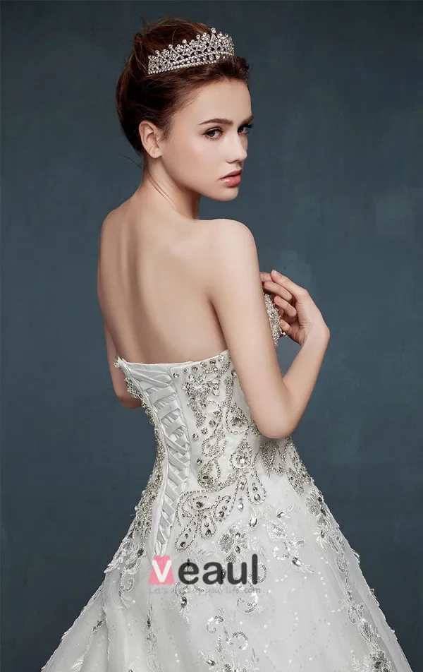 Inkrustowane Koncowe Diamenty Bridal Suknia Ślubna Romantyczny