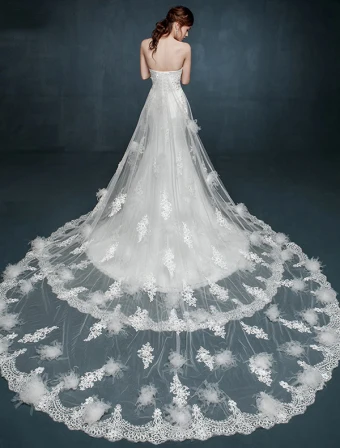 Vestidos De Novia De Encaje Romántico Blanco Del Vestido Nupcial Sin Tirantes Con Doble Remolque