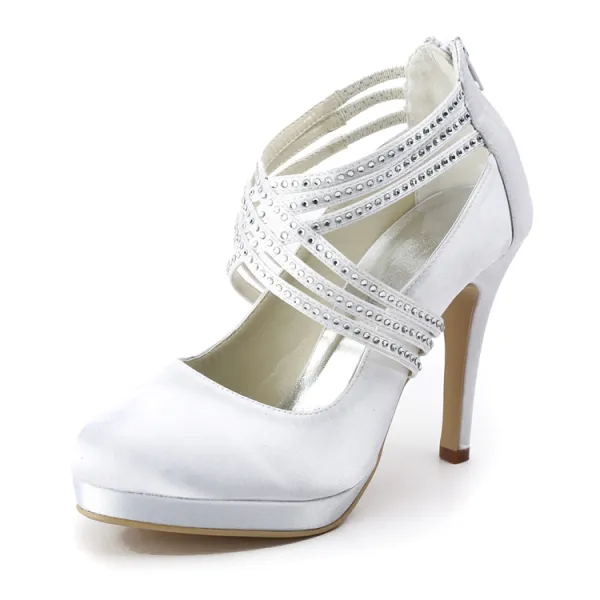 Attachez Chaussures A Talons Hauts Chaussures De Mode De Mariage De Satin Blanc Chaussures De Noce