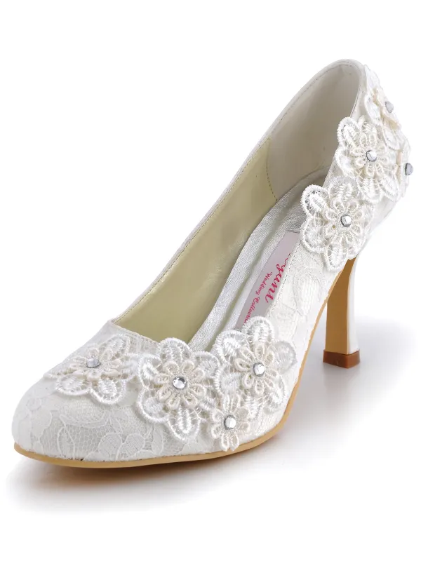 Handmade Custom Sweet High-heeled Party Shoes Lace Diamond Three-dimensional Flowers, Wedding Shoes