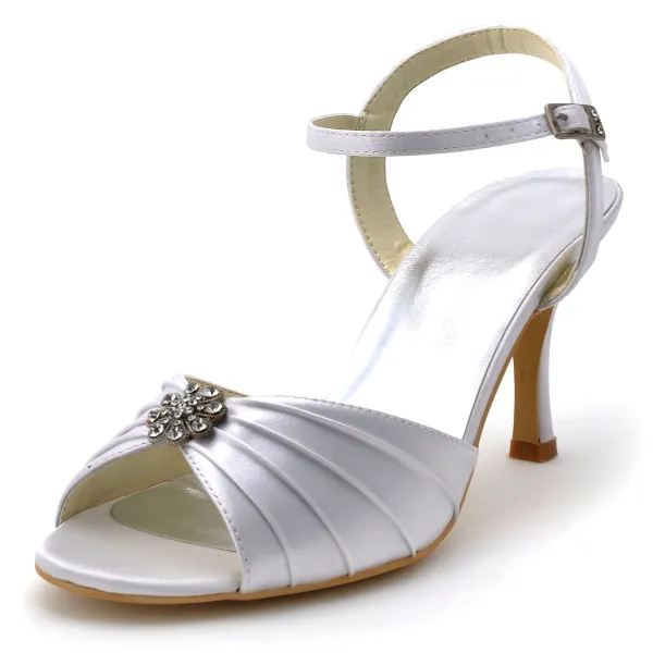 Fold White Satin Surface Treatment Toe High-heeled Party Shoes Diamond Wedding Shoes