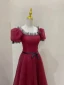 Chic / Beautiful Burgundy Spotted Prom Dresses 2024 A-Line / Princess Square Neckline Puffy Short Sleeve Backless Bow Sash Floor-Length / Long Formal Dresses