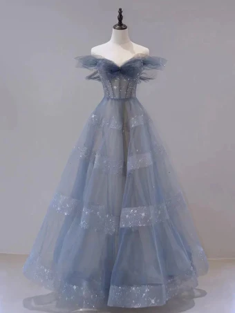 Mode Bleu Ciel Étoile Paillettes Robe De Bal 2024 Princesse Bustier Noeud Sans Manches Dos Nu Longue Robe De Ceremonie