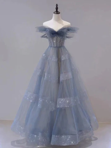 Mode Bleu Ciel Étoile Paillettes Robe De Bal 2024 Princesse Bustier Noeud Sans Manches Dos Nu Longue Robe De Ceremonie