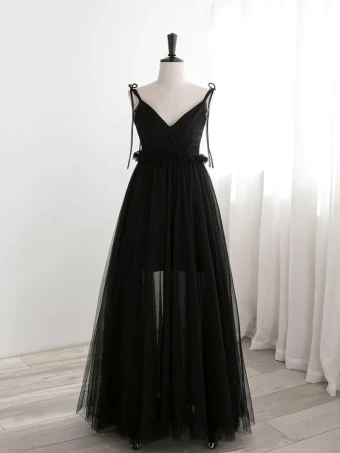 Chic Belle Noire Robe De Bal 2024 Princesse Bretelles Spaghetti Sans Manches Dos Nu Longue Robe De Ceremonie