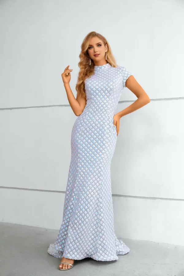 Sparkly White Sequins Evening Dresses 2023 Trumpet / Mermaid High Neck Short Sleeve Floor-Length / Long Evening Party Formal Dresses