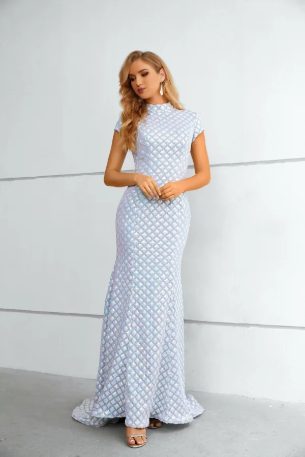 Sparkly White Sequins Evening Dresses 2023 Trumpet / Mermaid High Neck Short Sleeve Floor-Length / Long Evening Party Formal Dresses