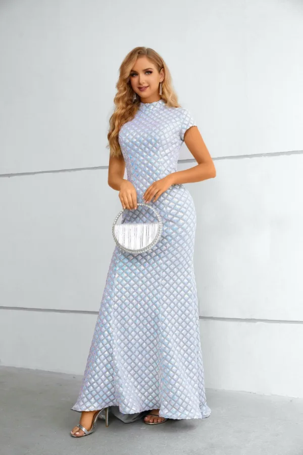 Sparkly White Sequins Evening Dresses 2023 Trumpet / Mermaid High Neck Short Sleeve Floor-Length / Long Evening Party Formal Dresses