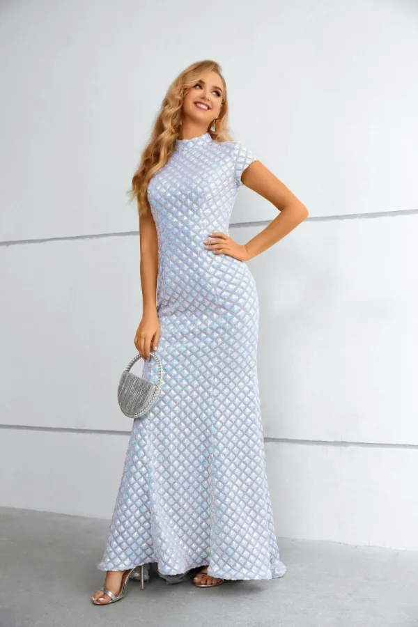 Sparkly White Sequins Evening Dresses 2023 Trumpet / Mermaid High Neck Short Sleeve Floor-Length / Long Evening Party Formal Dresses