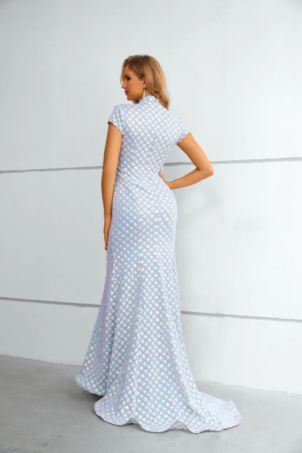 Sparkly White Sequins Evening Dresses 2023 Trumpet / Mermaid High Neck Short Sleeve Floor-Length / Long Evening Party Formal Dresses